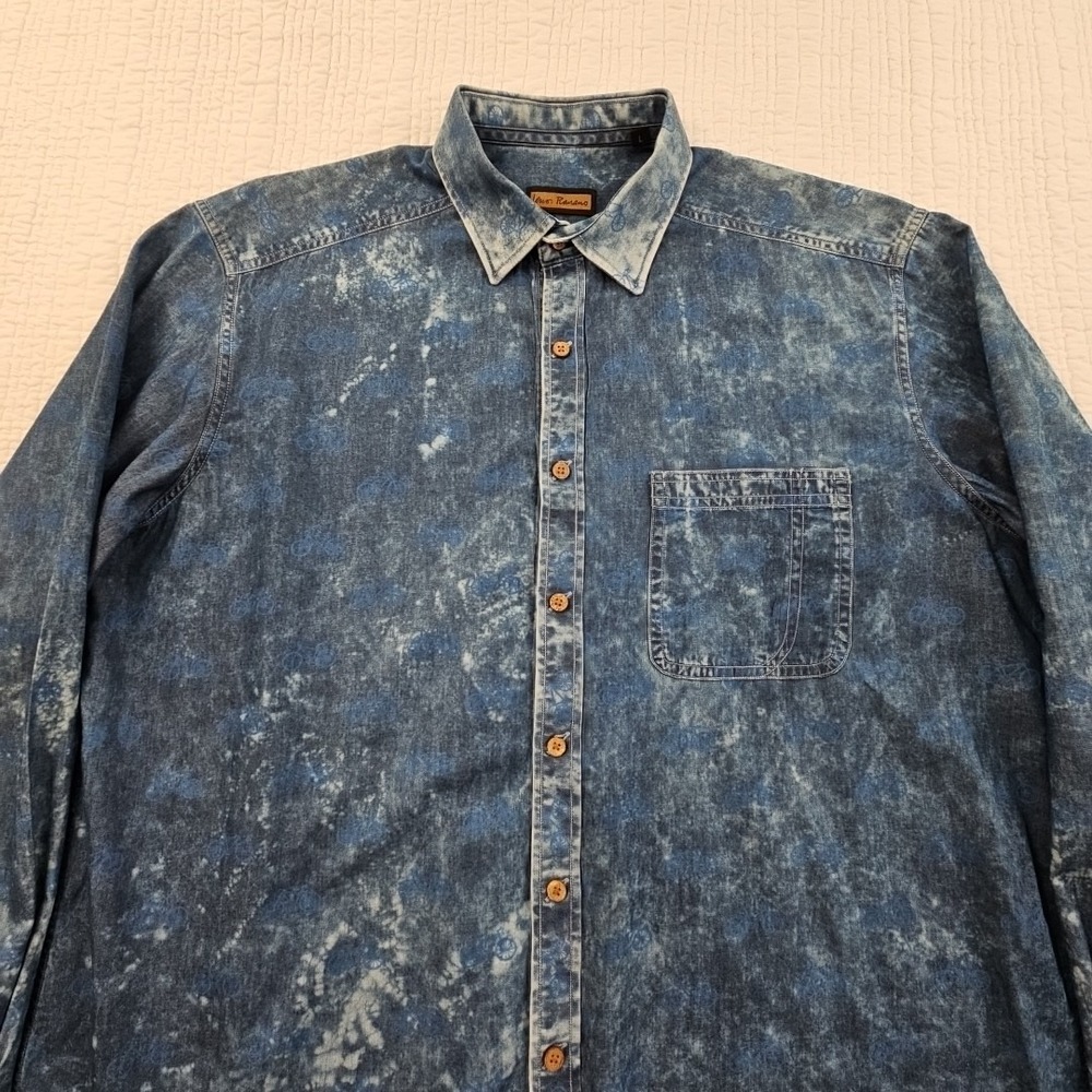 Leno Romano Denim Button Down Shirt Mens Large Blue EUC Acid Wash Bicycle Print - Picture 15 of 16